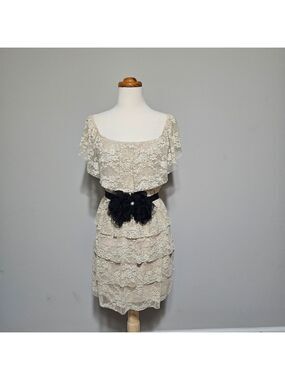 Marquis Cream Lace Tiered Dress Black Bow